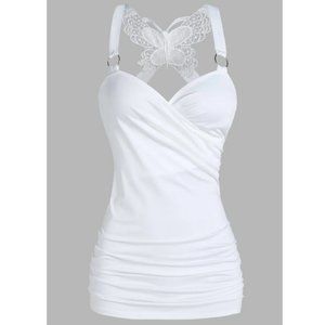Dressfo Ruched Butterfly Lace Cross Surplice Tank Top in White Size XXXL NWT